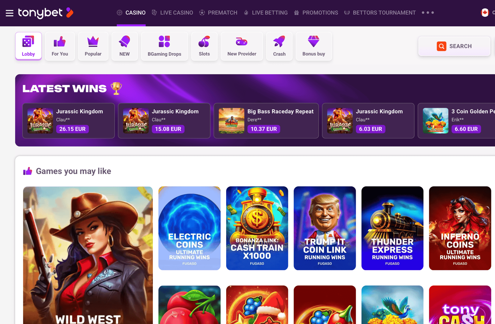 The slots lobby at TonyBet showcases popular games and recent wins