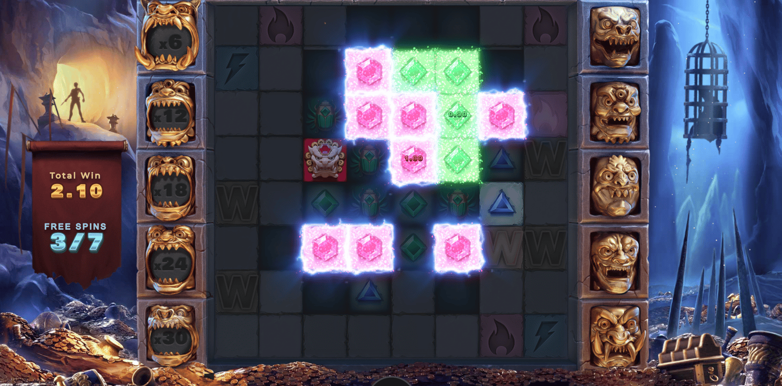 Cluster Tumble pictured during the Volatile Free Spins bonus buy round, where the win multiplier climbs every time the board is fully cleared. Play Cluster Tumble with the highest RTP for the best shot at a big win.