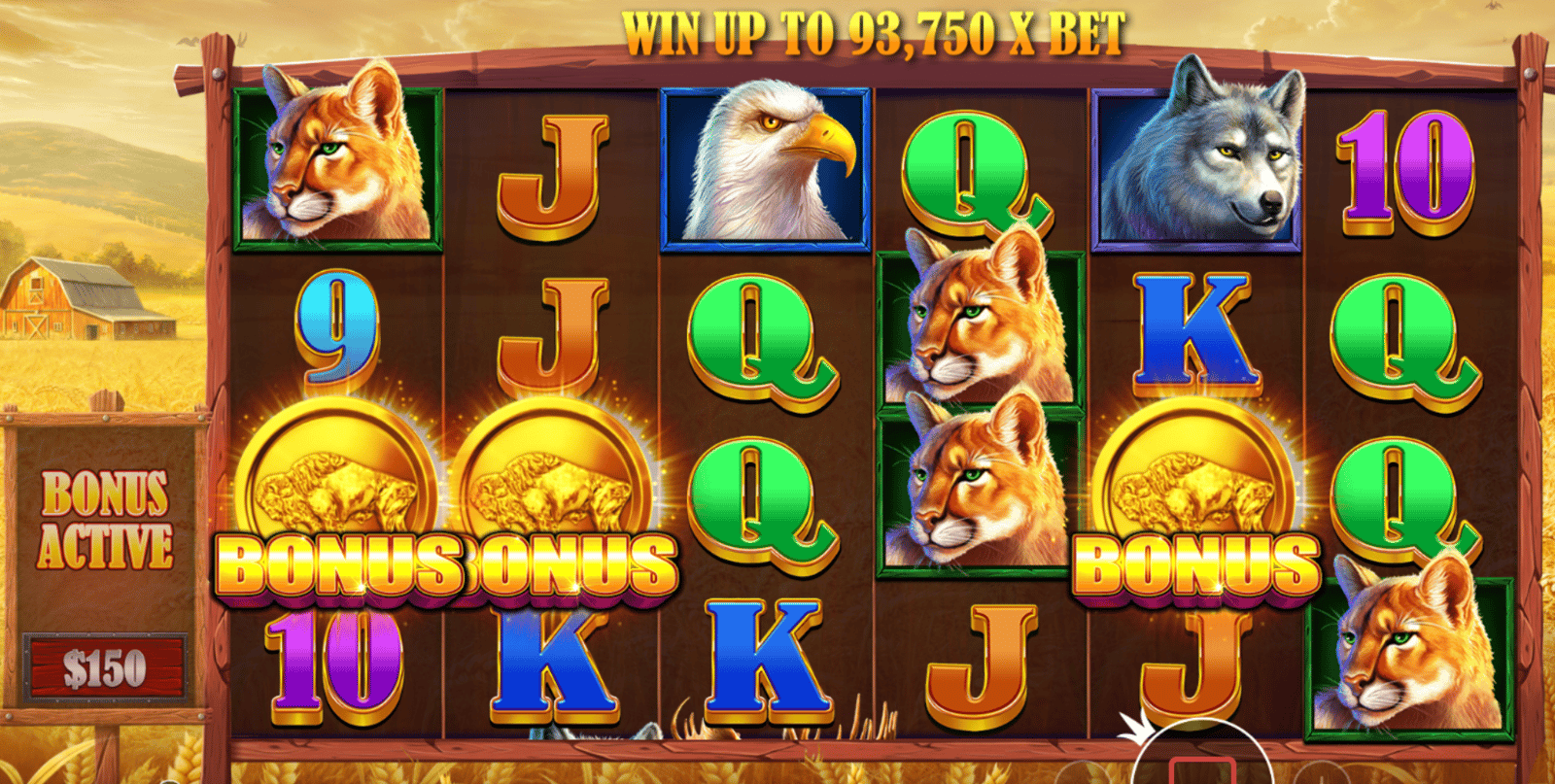 Buffalo King by Pragmatic Play. Three golden coins (bonus symbols) have landed on the reels, triggering the free spins feature, the slot is being played here with the highest possible RTP.