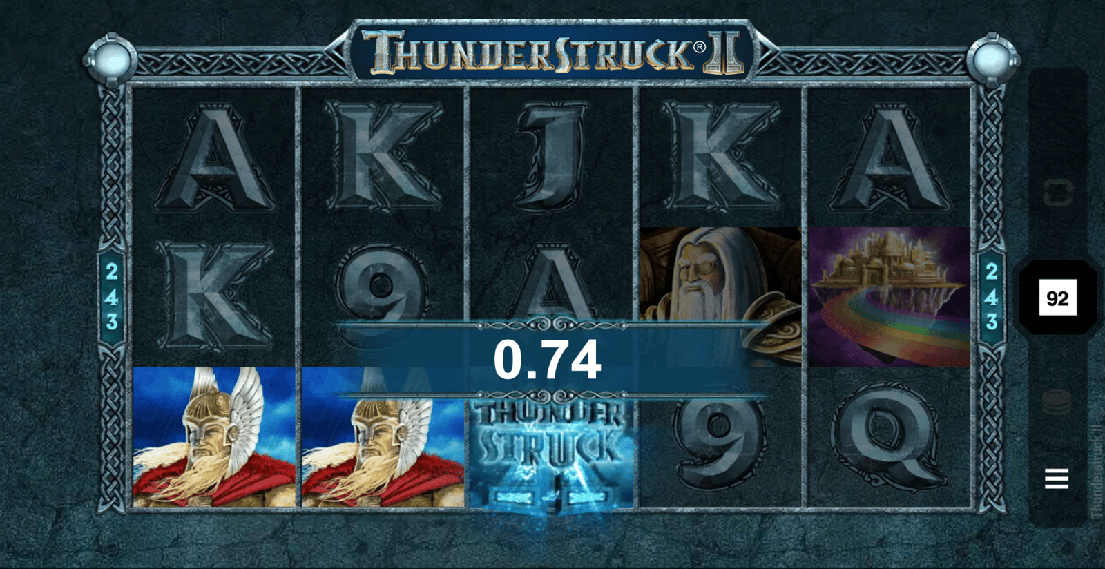 General gameplay from Thunderstruck 2, shown here being played with the highest RTP setting for the best chance at big wins.