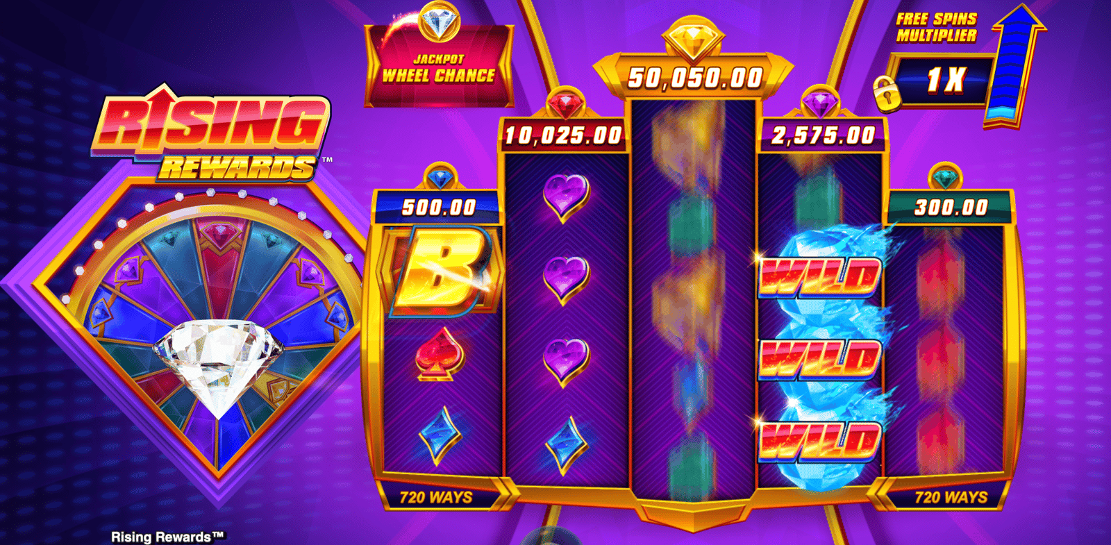 Screenshot from gameplay in Rising Rewards showing three wild symbols landed at once on reels two, three and four, setting up for a solid win. The image shows Rising Rewards being played with the highest RTP.