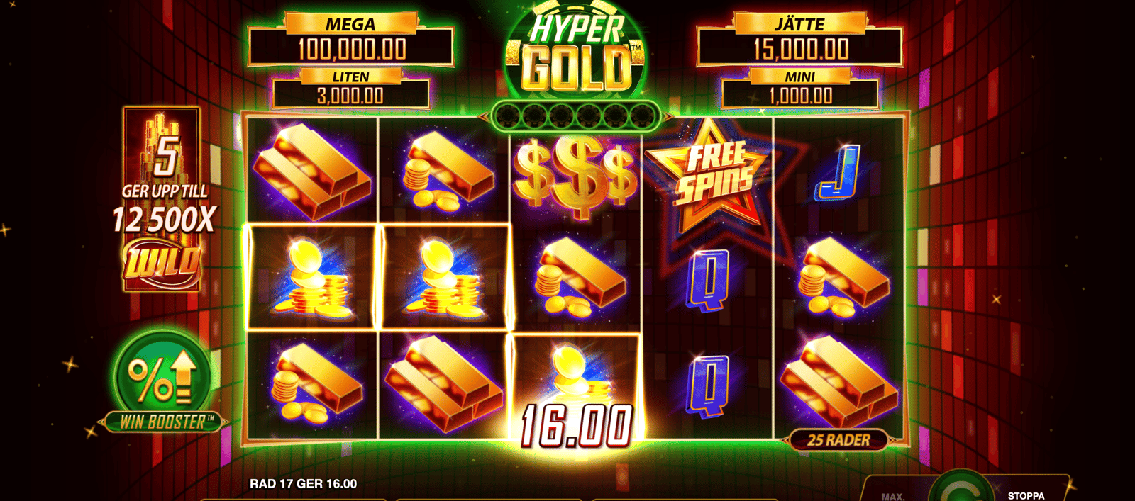 General gameplay in Hyper Gold, showing gold and coin symbols on the reels. The image shows the Hyper Gold slot being played with the highest RTP.