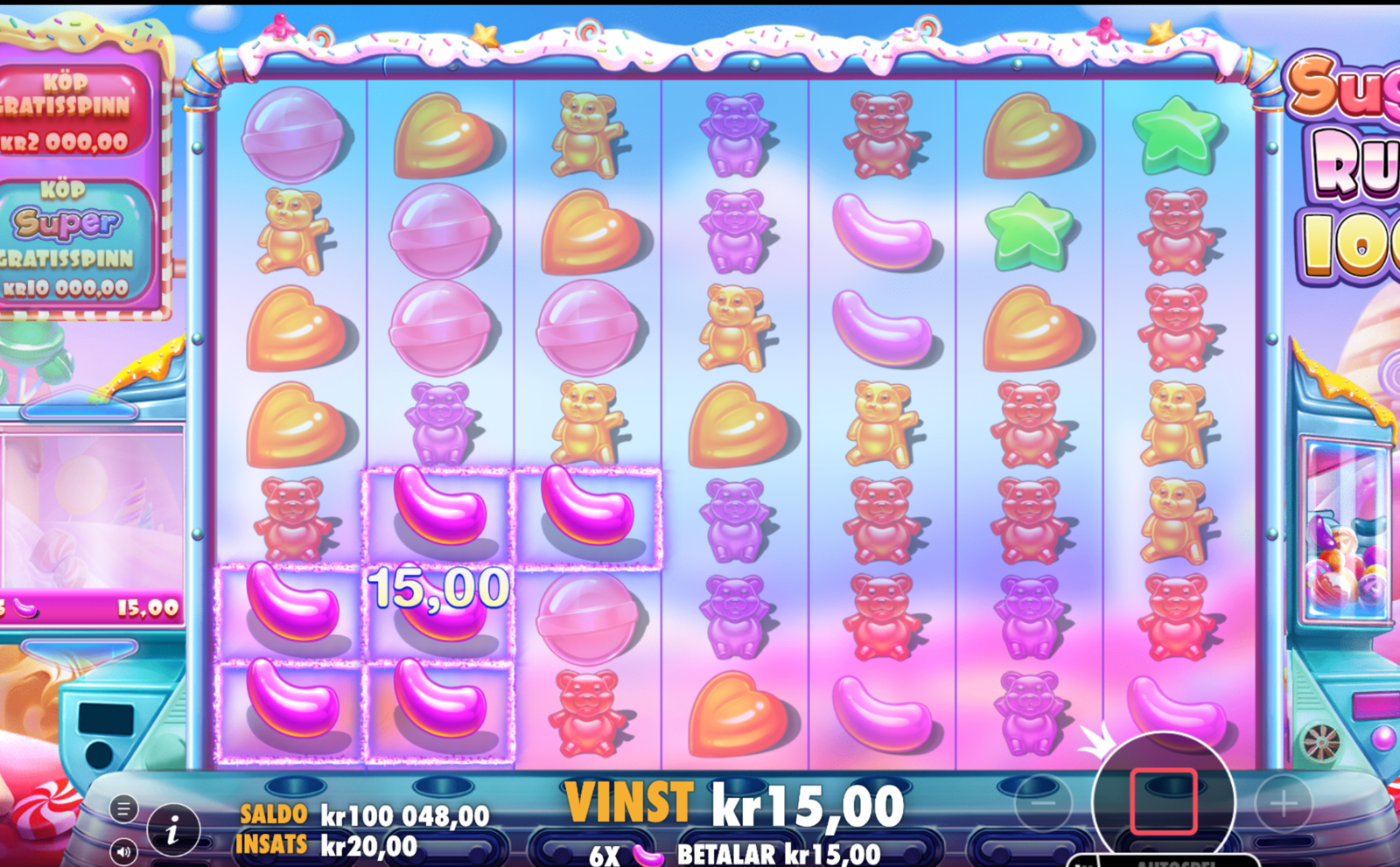A cluster win in the Sugar Rush 1000 slot while playing at the highest RTP.