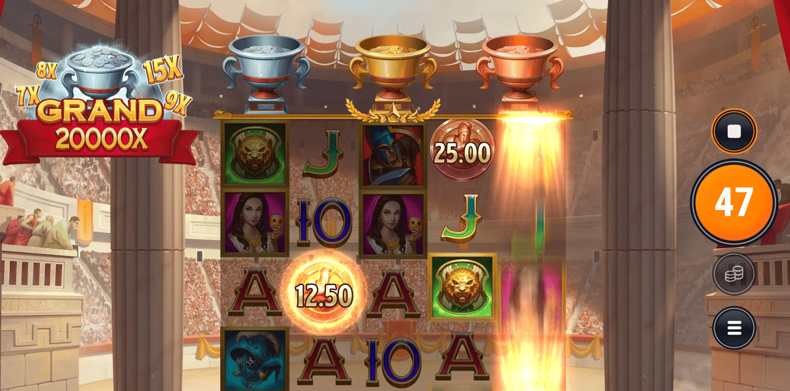 The image shows the gameplay screen from Rome Fight for Gold Deluxe, with Roman gladiator symbols and gold coins across the reels. Played here with the highest possible RTP.