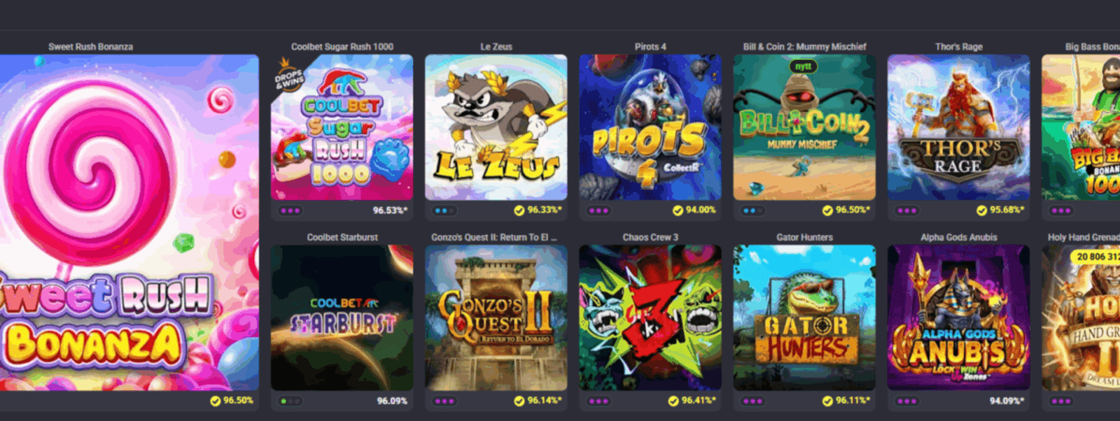 A unique casino lobby at Coolbet where the RTP levels is shown 
