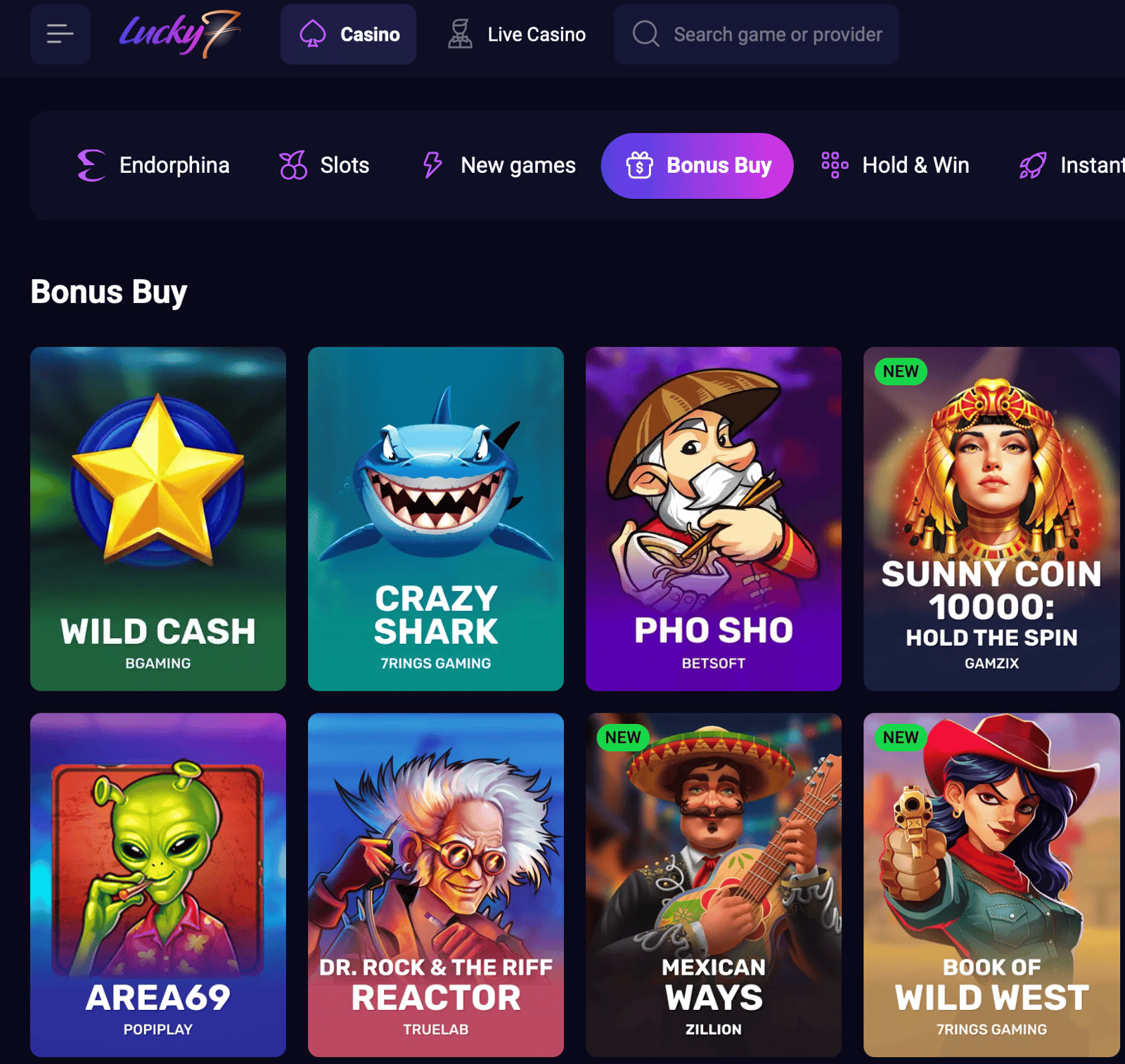Bonus buy games selection at the casino lucky 7even