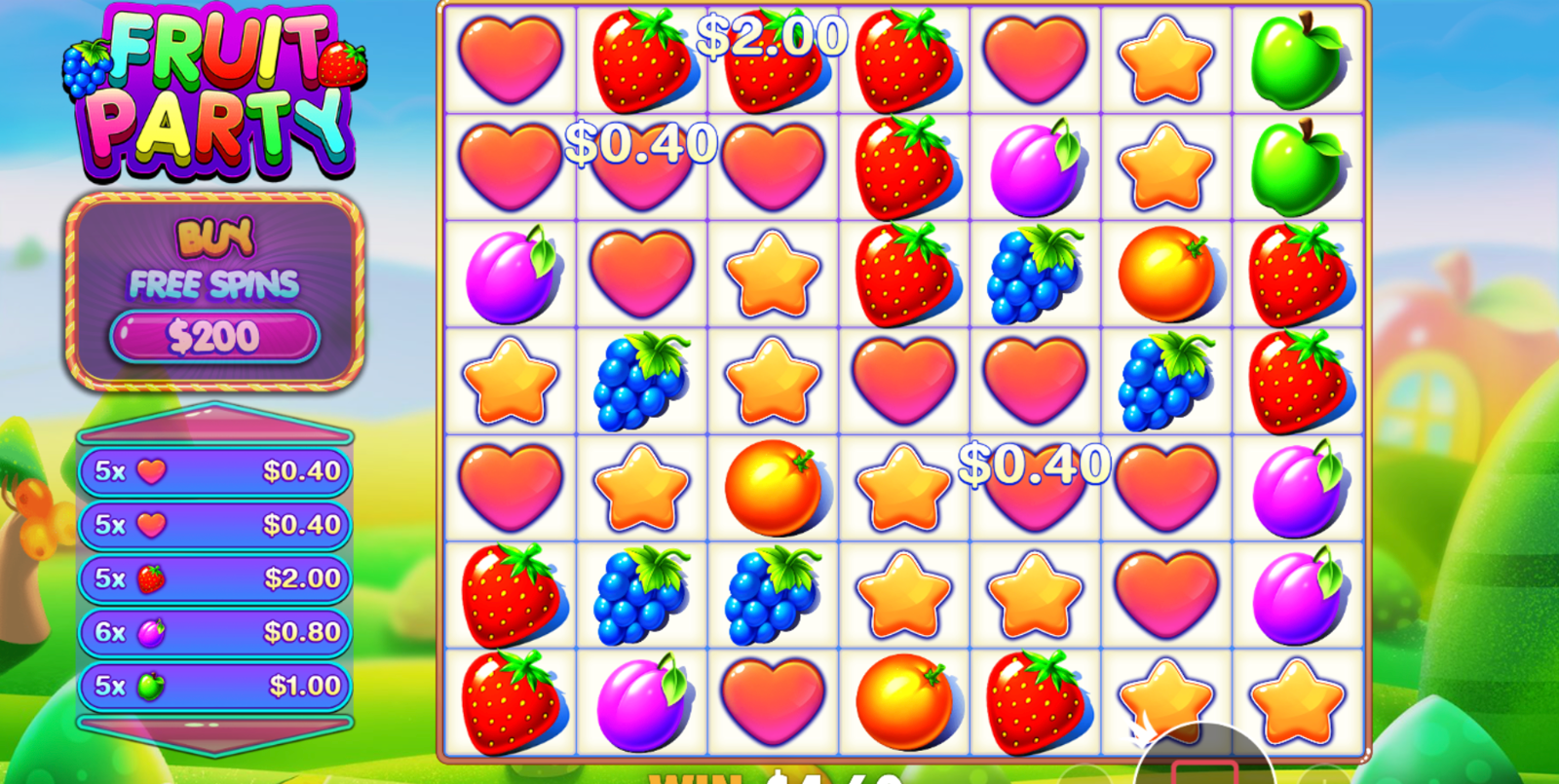 Screenshot from Fruit Party showing the green playing grid filled with fruit symbols during a winning spin. The image shows Fruit Party being played at a casino with the highest RTP.