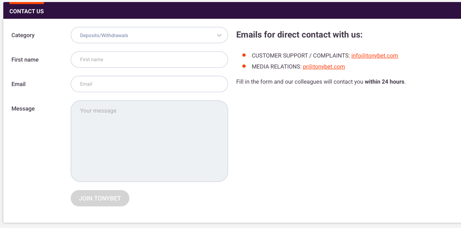 The contact form at TonyBet is clean, simple and easy to use.