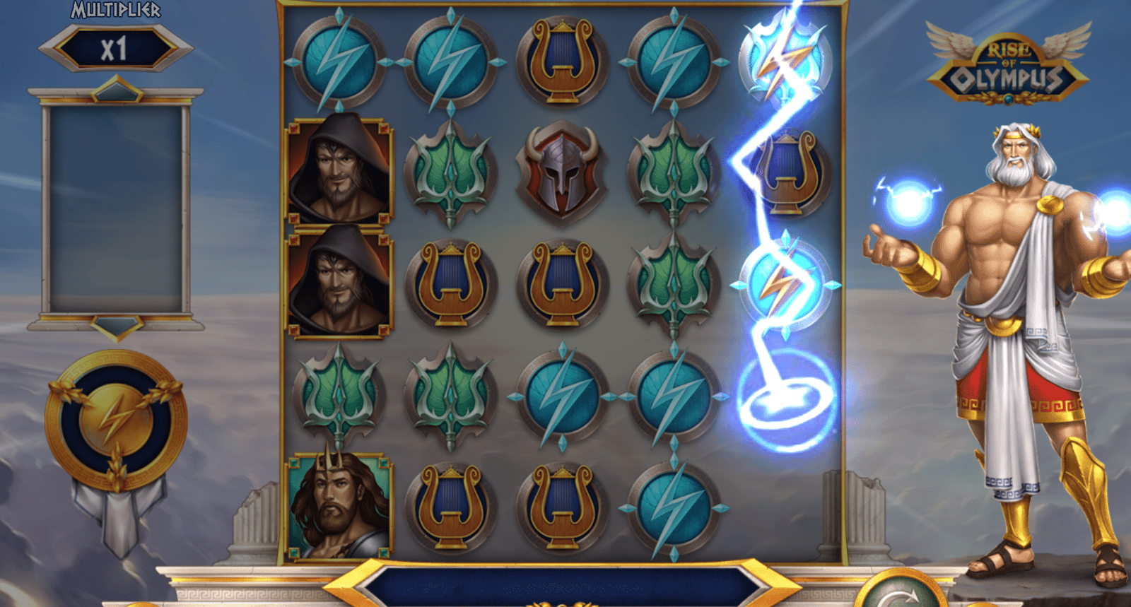 A winning moment in Rise of Olympus, showing a cascading win with the god symbols landing. The image shows the game played with the highest RTP.