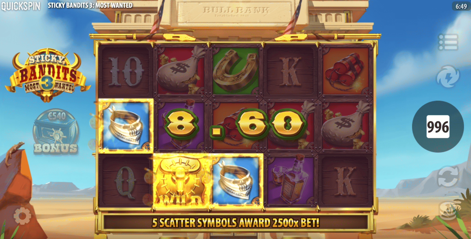 General gameplay view of Sticky Bandits 3 Most Wanted showing the reels with bandit symbols, golden horseshoe and safe while playing with the highest RTP.