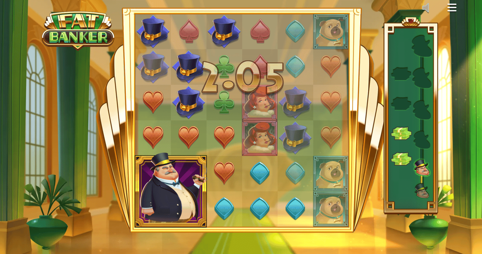 Fat Banker's free spins bonus round in full swing, with the growing wild banker collecting Money Bags. This screenshot is captured while playing Fat Banker at the casino offering its highest RTP.