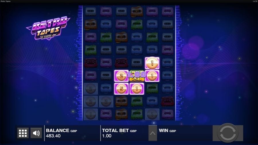 This is what it looks like in the Retro Tapes slot when you land a win with the cluster reels instead of a win on regular paylines like in more traditional slots.