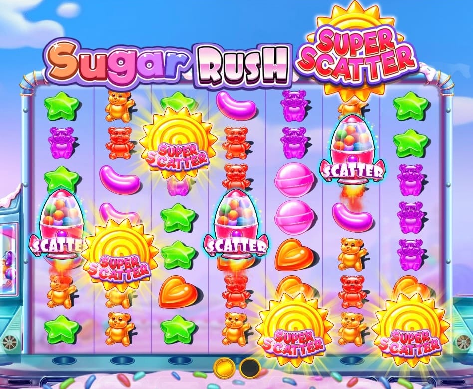 An image of gameplay in Sugar Rush Super Scatter showing both types of scatter symbols found in the game.