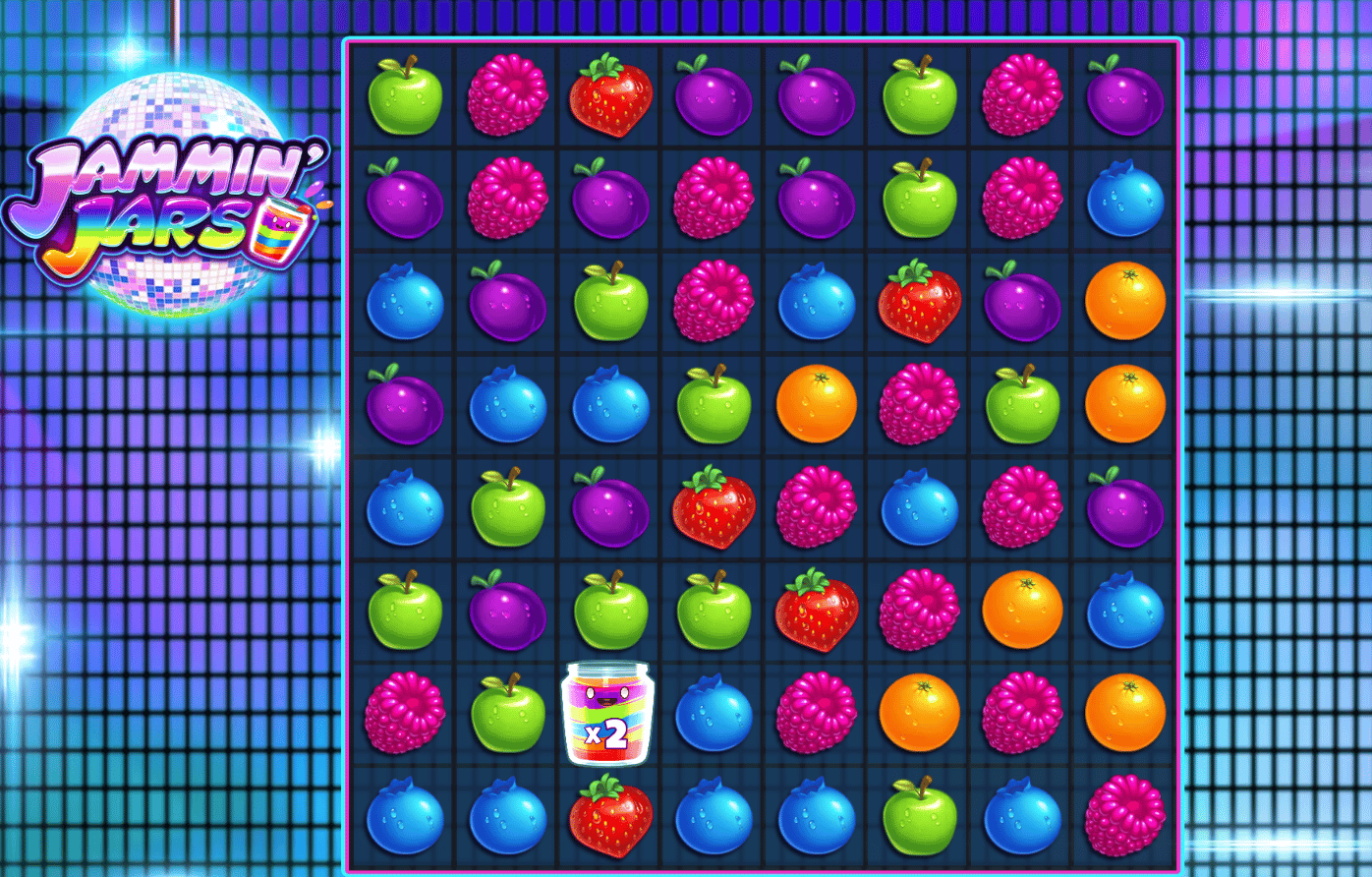 A gameplay session of the Jammin Jars slot at the highest RTP level of 96%, showing the special Jam Jar symbol.