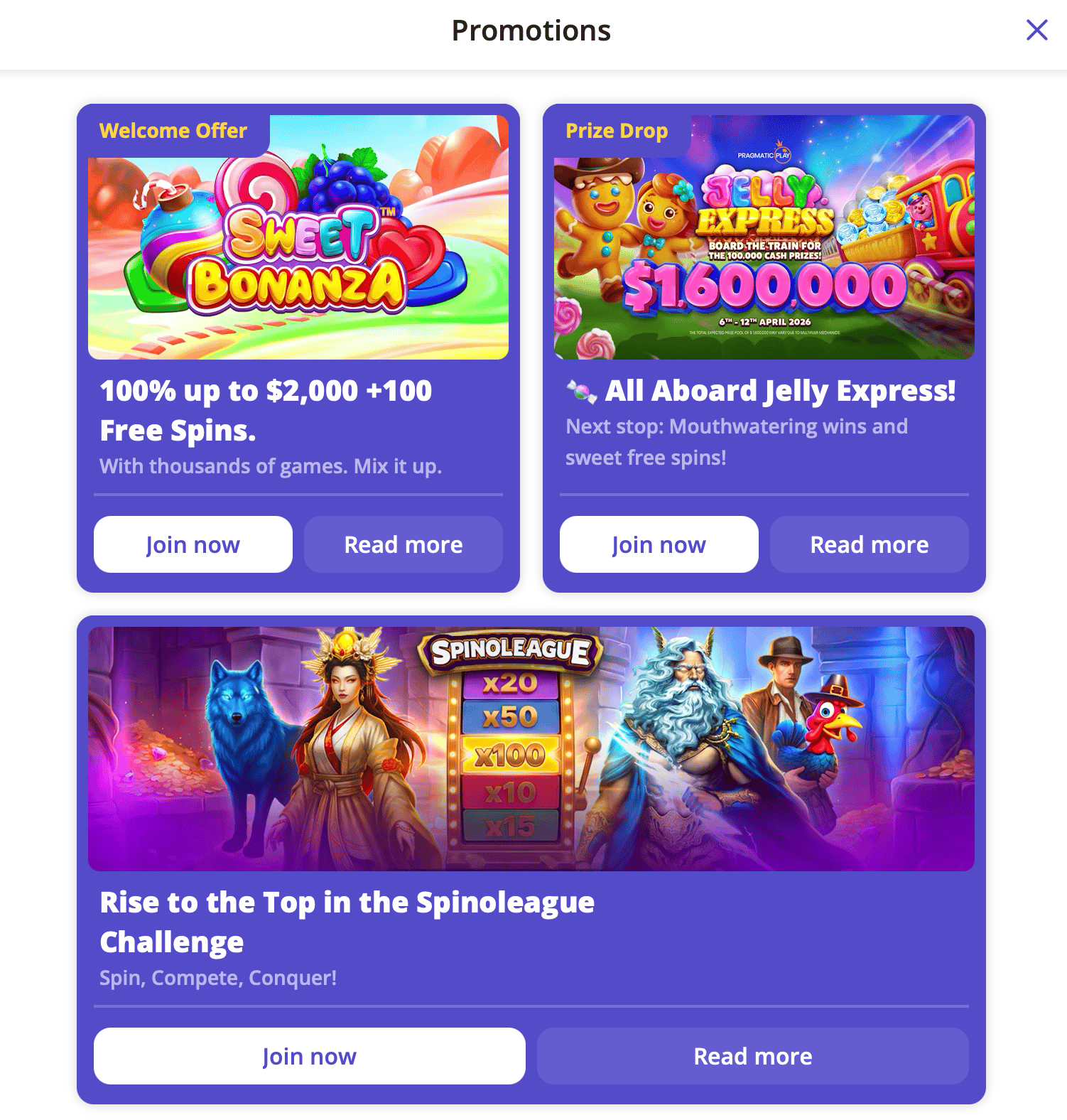 Some of the CasinoDays promotions includes a Prize Drop and the Spinoleague