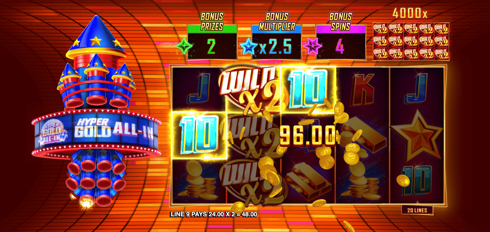 A player lands a big win in Hyper Gold All In, played here at a casino offering the highest RTP.