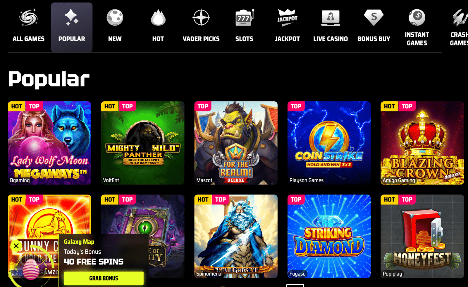 A view  of SlotsVader popular games on the site