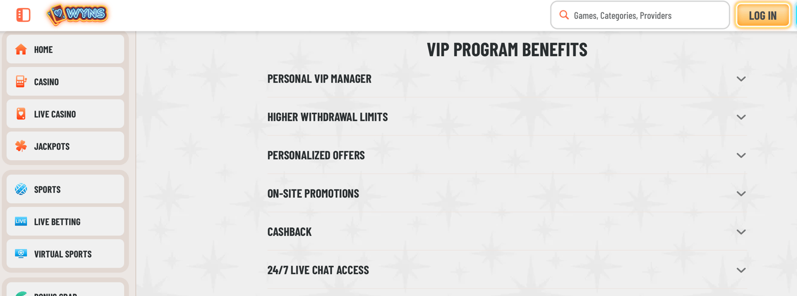 An image showing VIP perks on the Wyn Casino, such as increased withdrawal limits.