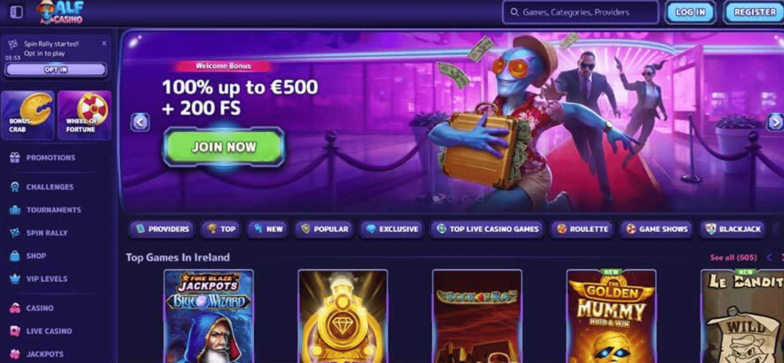 The lobby of the Canadian casino ALF Casino showcasing some of their games and categories