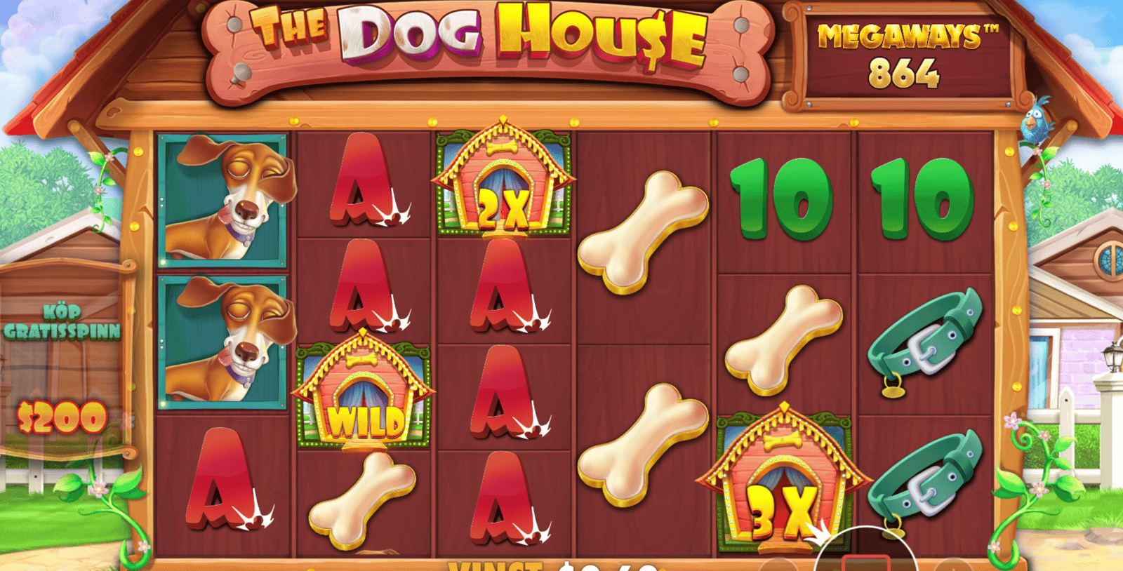 The image shows general gameplay in The Dog House Megaways, the dog theme across the reels, being played with the highest available RTP setting.