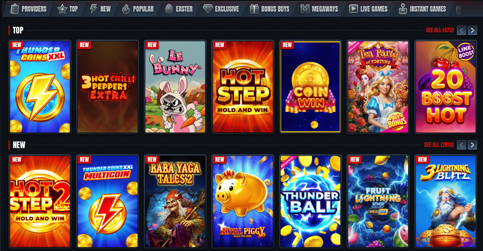An image of Glorion casino games overview showing the top and new games
