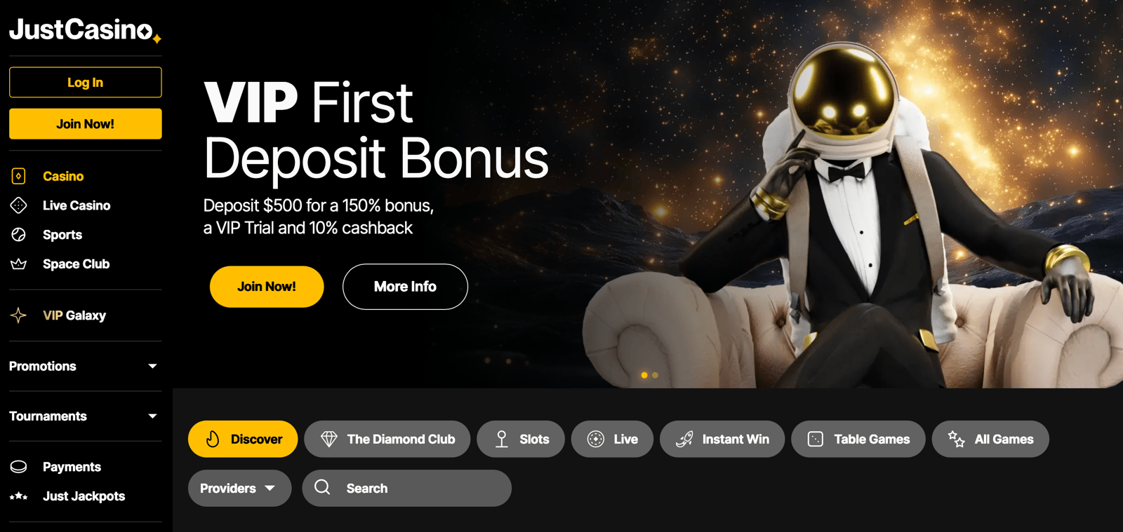 Showcase of the just casino space theme including their slots categories