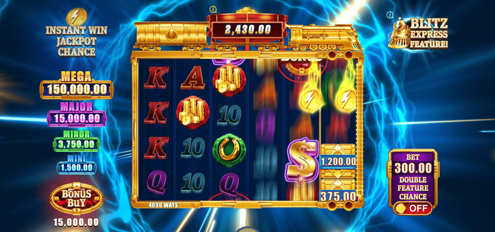 The image shows general gameplay in the Gold Blitz slot, played here with the highest possible RTP setting.