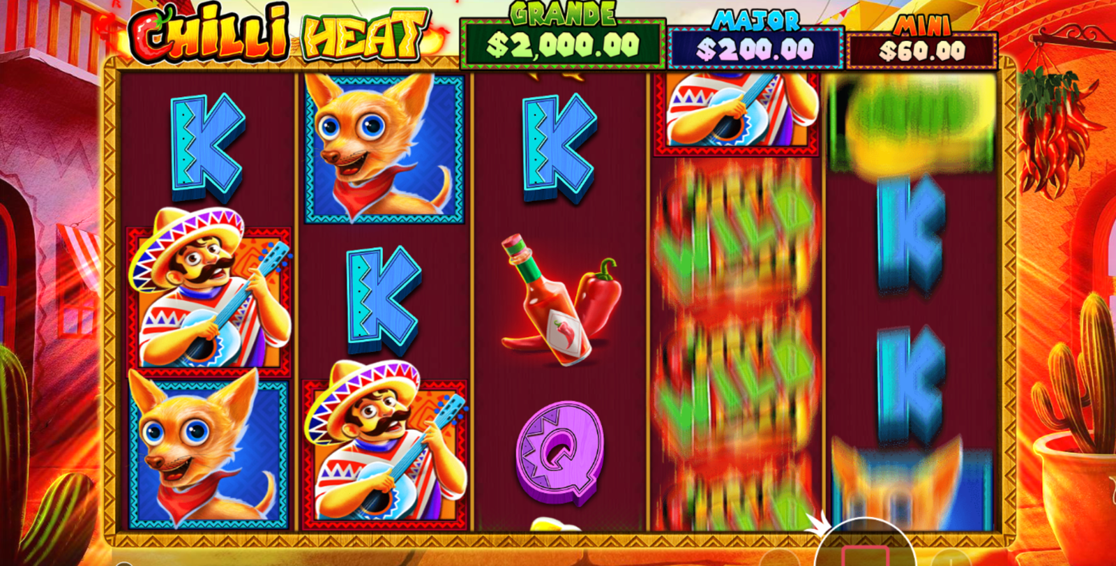 The image shows general gameplay in the Chilli Heat slot, with the reels mid-spin among the game's Mexican-themed symbols. Chilli Heat is being played here at the highest possible RTP.