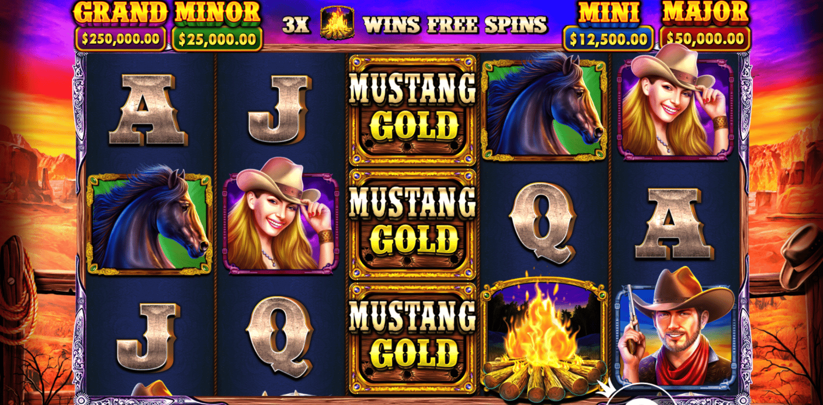 General gameplay moment from Mustang Gold, showing the horseshoe symbols on the reels. The image shows Mustang Gold being played with the highest RTP.
