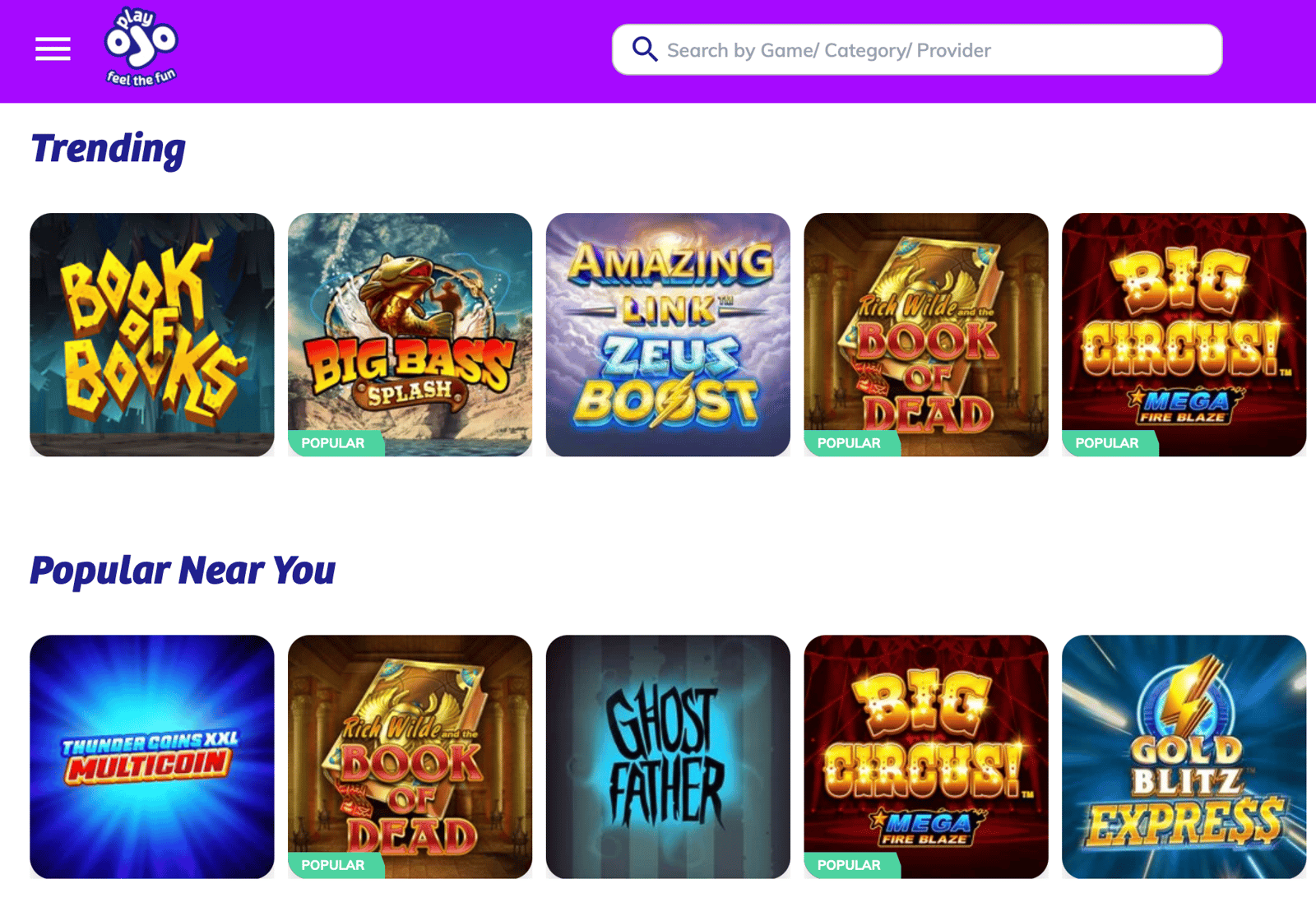 A view of the trending slots at PlayOJO