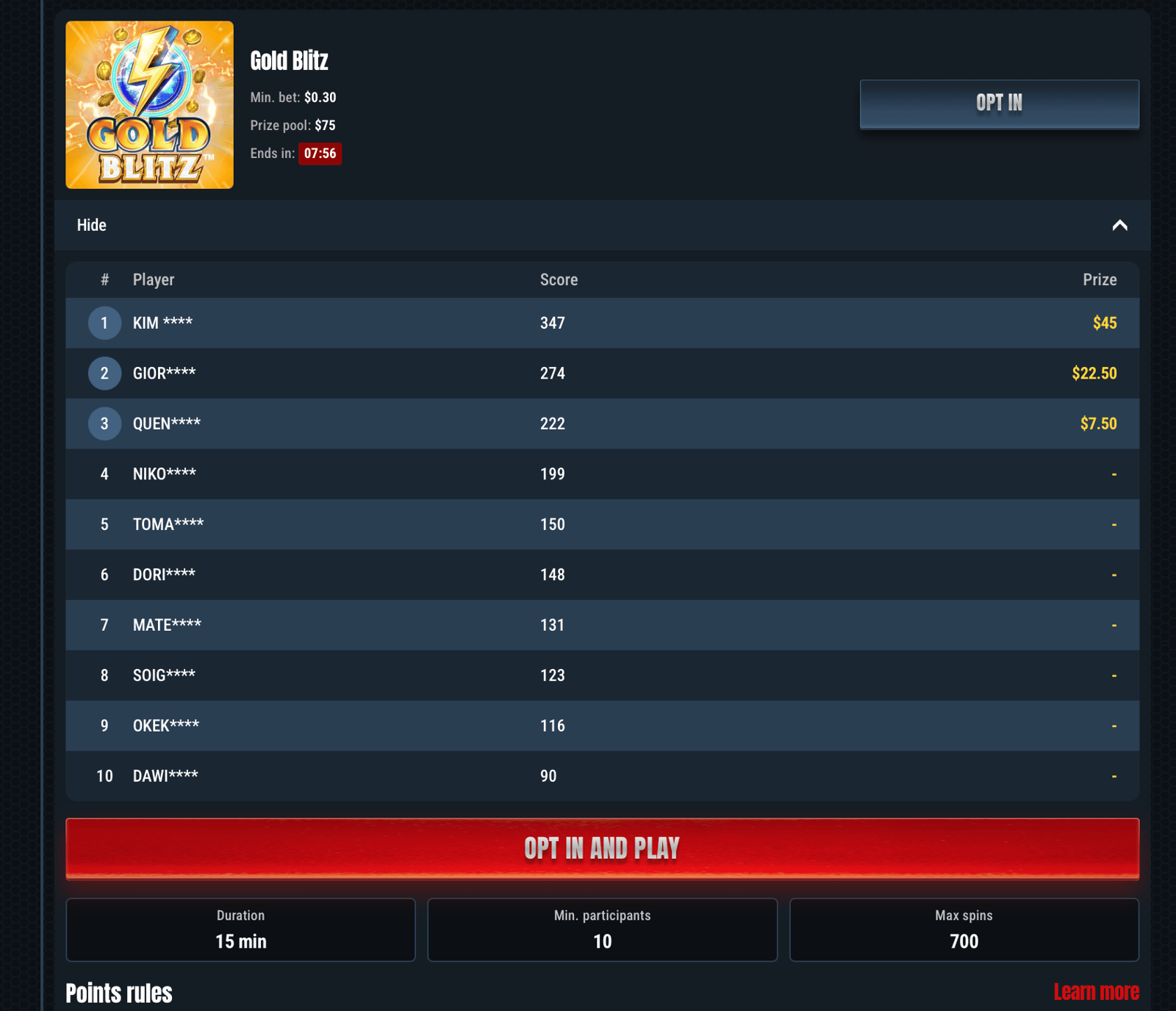 An image of an ongoing Spin Rally on the Gold Blitz slot at Glorion casino
