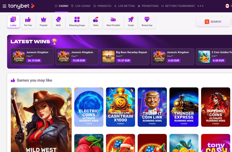 The slots lobby at TonyBet showcases popular games and recent wins