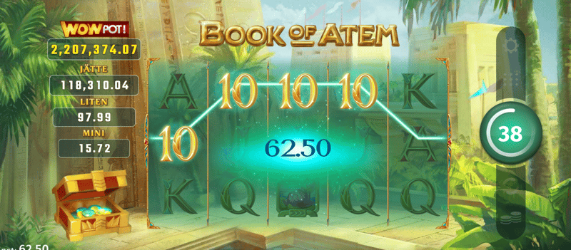 Bilden visar en vinstögonblick i Book of Atem WowPot, spelad med högsta RTP.