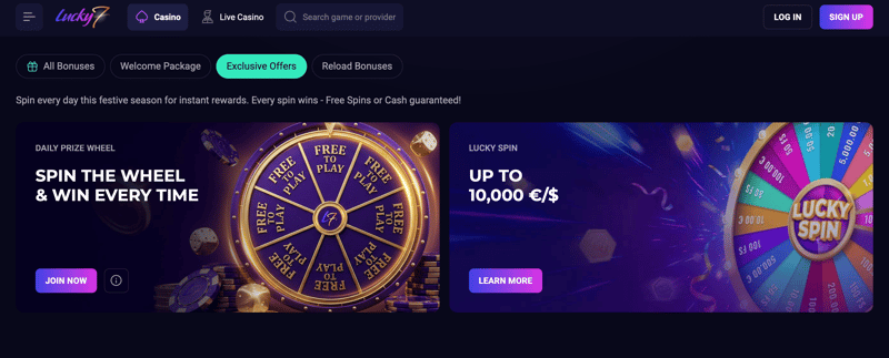 Some of the active promotions at Canada casino lucky 7even