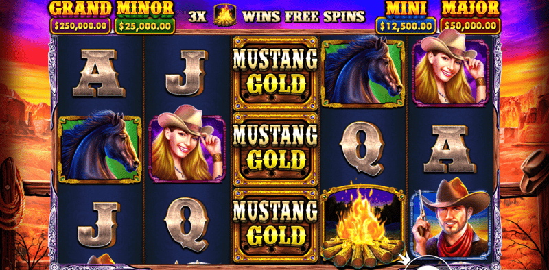 General gameplay moment from Mustang Gold, showing the horseshoe symbols on the reels. The image shows Mustang Gold being played with the highest RTP.