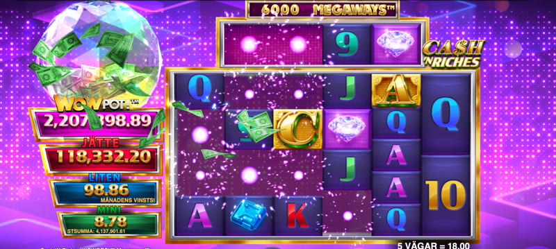 General gameplay in Cash n Riches WowPot Megaways, played here at the highest possible RTP.
