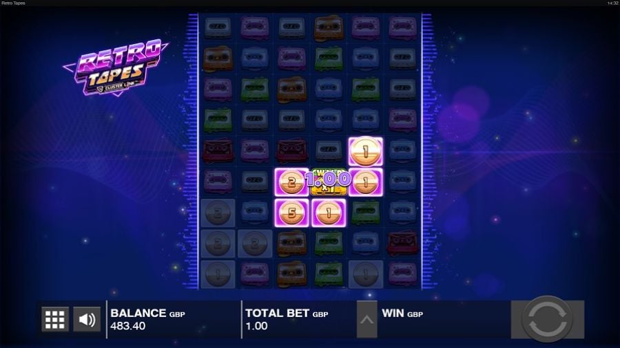 This is what it looks like in the Retro Tapes slot when you land a win with the cluster reels instead of a win on regular paylines like in more traditional slots.
