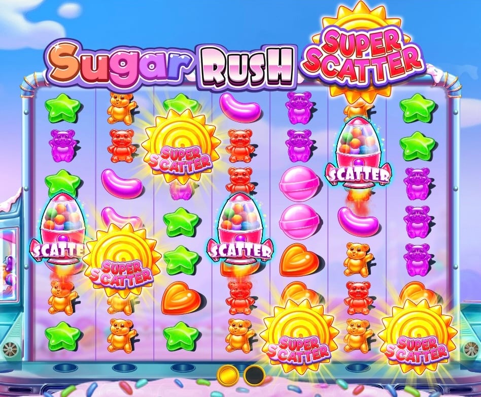 An image of gameplay in Sugar Rush Super Scatter showing both types of scatter symbols found in the game.